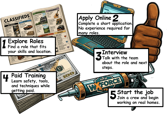 How Weatherization Hiring Works: 1) Explore Roles. Find a role that fits your skills and location. 2) Apply Online. Complete a short application. No experience required for many roles. 3) Interview. Talk with the team about the role and next steps. 4) Paid Training. Learn Safety, tools, and techniques while getting paid. 5) Start the job. Join a crew and begin working on real homes.