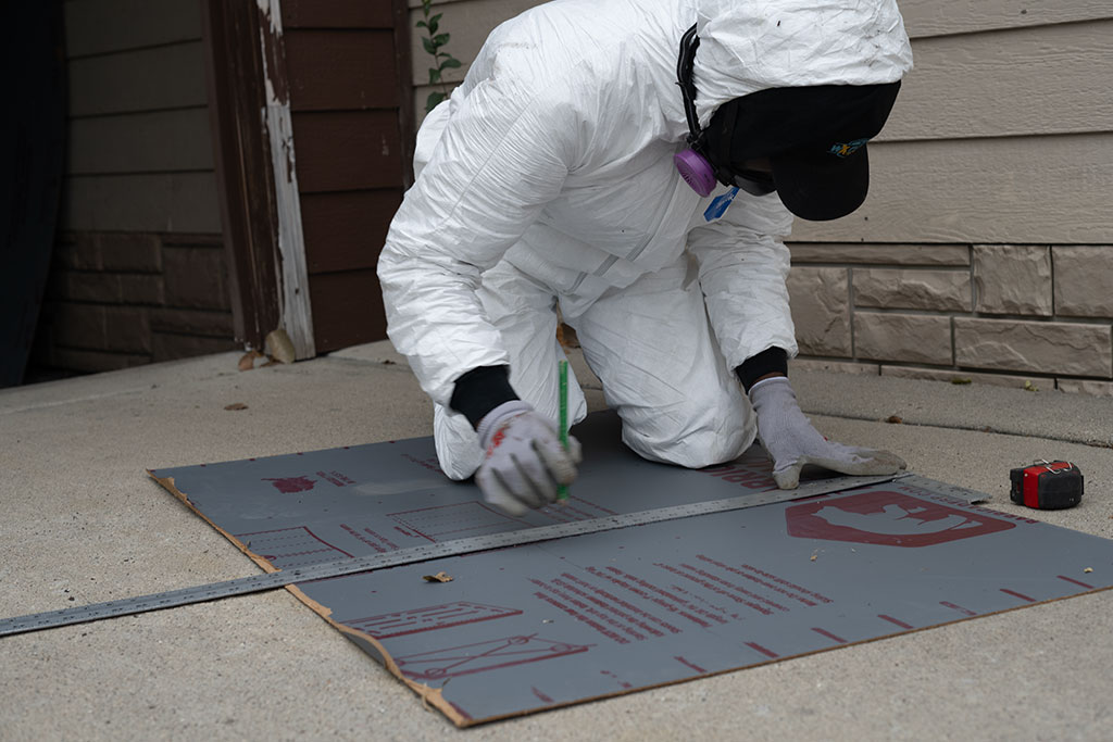 WxForce team member wearing protective gear preparing weatherization materials
