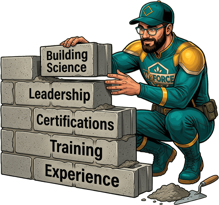 hero building a wall with skills written on the bricks
