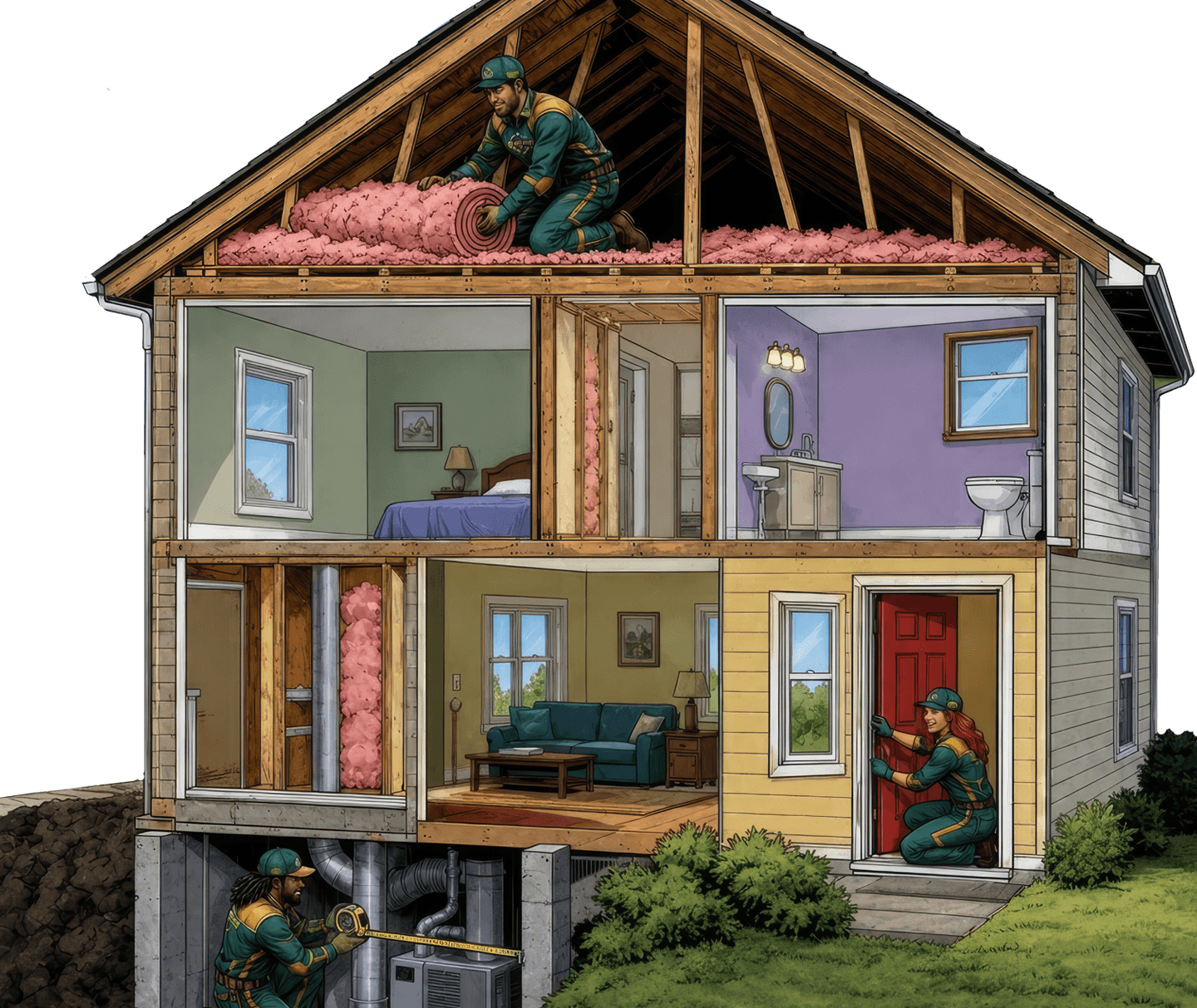 cross section of house with heroes weatherizing areas in the attic, basement, and entryway