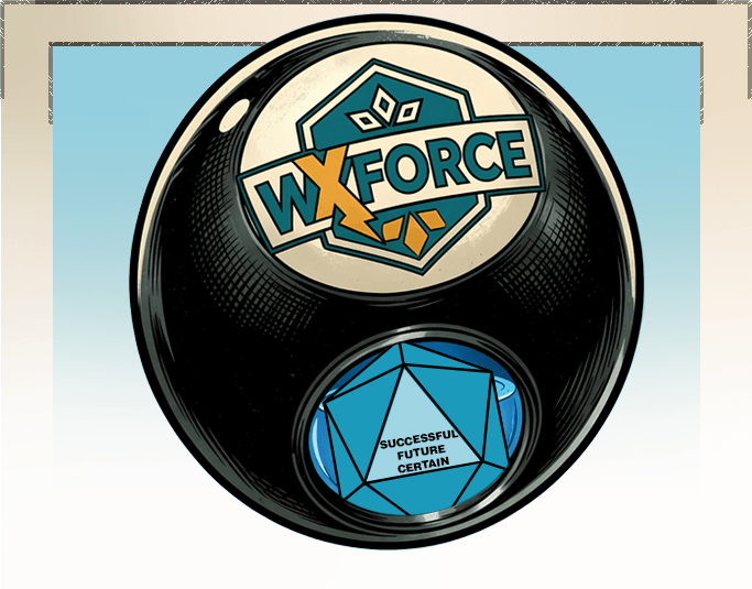 WxForce branded Magic 8 Ball with a message of "Successful Future Certain" showing