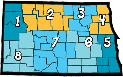map of the state of North Dakota with counties that are grouped into the regions that CAPND serves