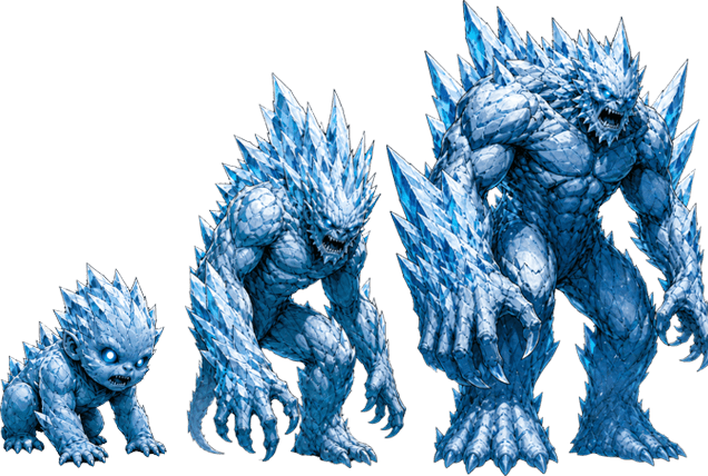 3 monsters showing different stages of growth
