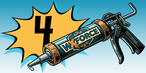 caulking gun next to the number 4 in a comic book splat graphic