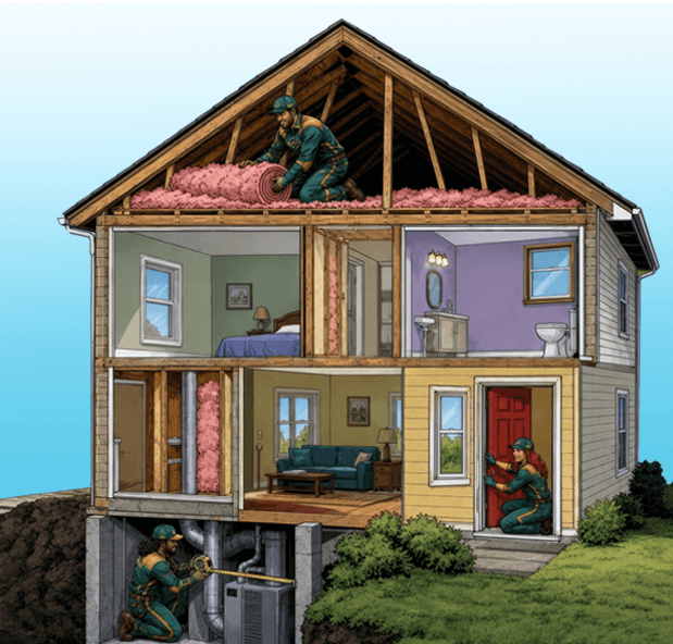 cross section of a house showing WxForce heroes weatherizating areas in the attic, basement, and entry door