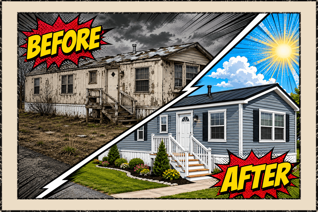 split graphic with the upper left showing an older run-down mobile home and the bottom right showing an updated mobile home