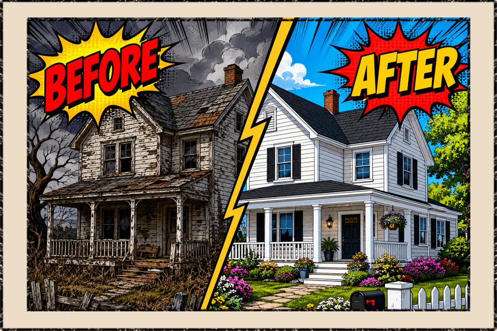 split graphic with the left showing an older home and the right showing an updated home