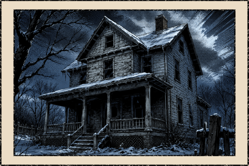 an older home with snow on the roof looking spooky in the dark of night