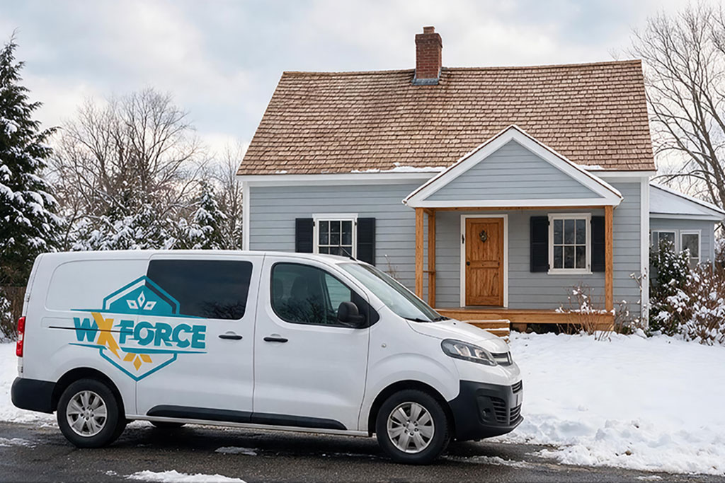 a WxForce van sitting in front of a house