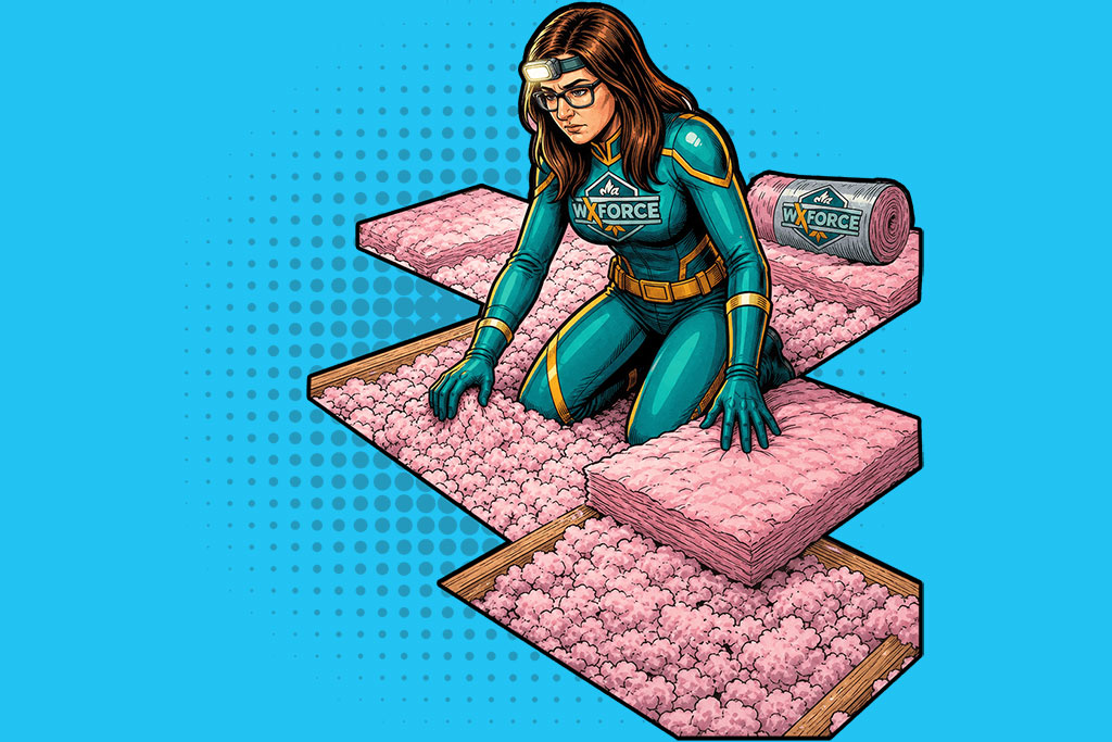 graphic of female hero inspecting the insulation installed in an attic
