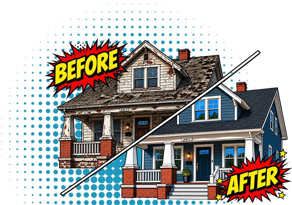 a split graphic with the upper left showing a house before weatherization work has started and the bottom right showing the same house after weatherization work has been completed