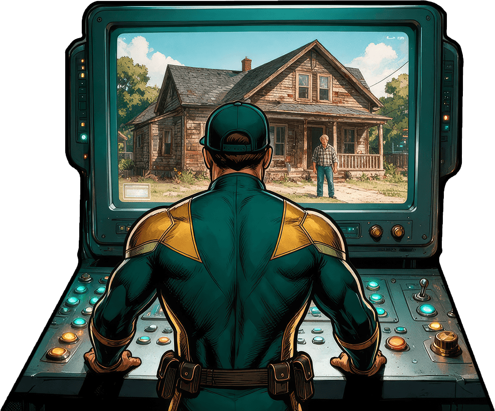 hero at a control panel with a screen that has a house on it with a man standing next to the house