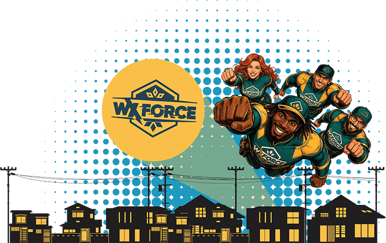 group of heroes flying over a residential neighborhood with the WxForce logo beamed into the sky over the houses