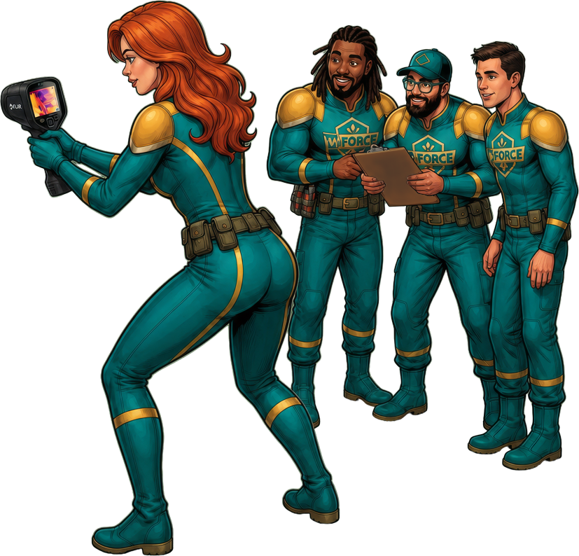 female hero holding an infrared detector tool while 3 male heros are in the background holding a clipboard and watching