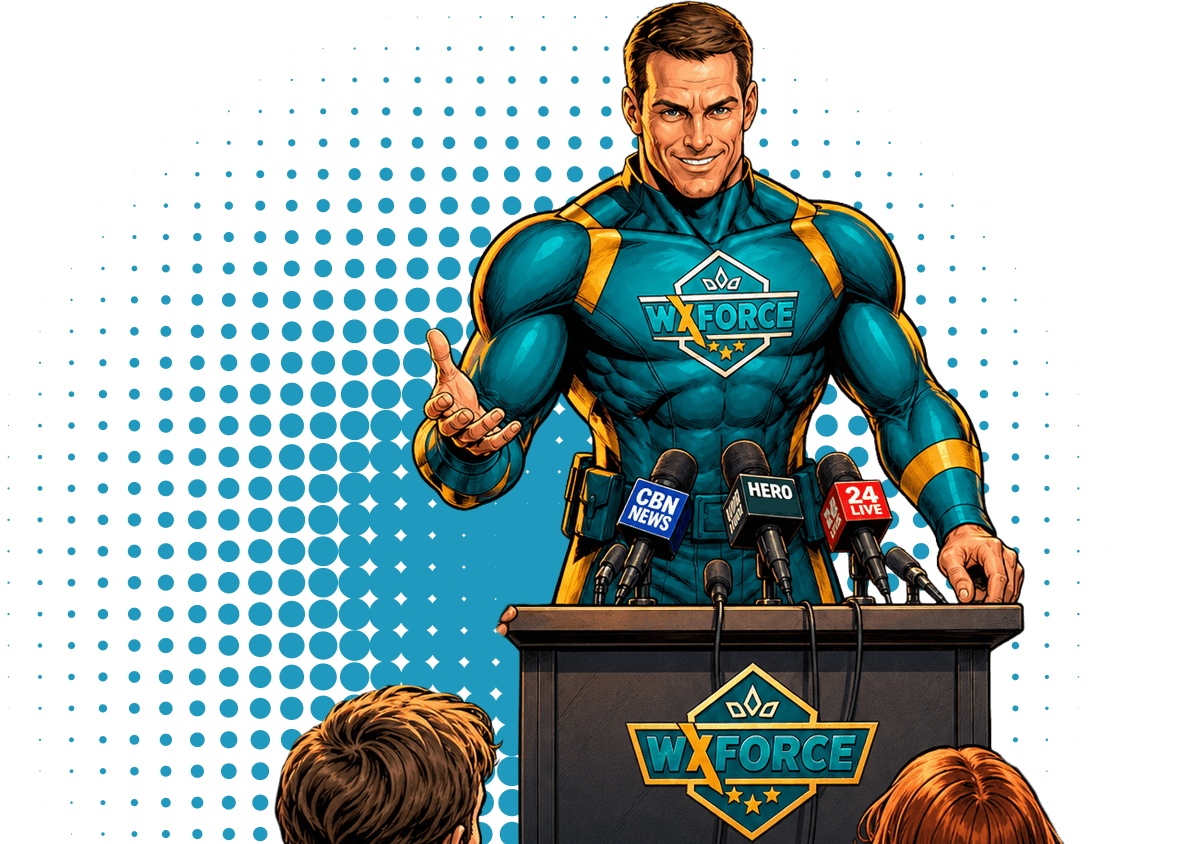 a male hero fielding questions from an audience