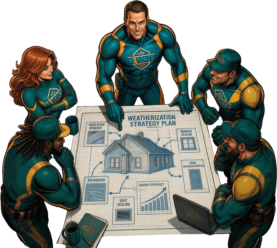 group of heroes standing around a weatherization strategy plan blueprint