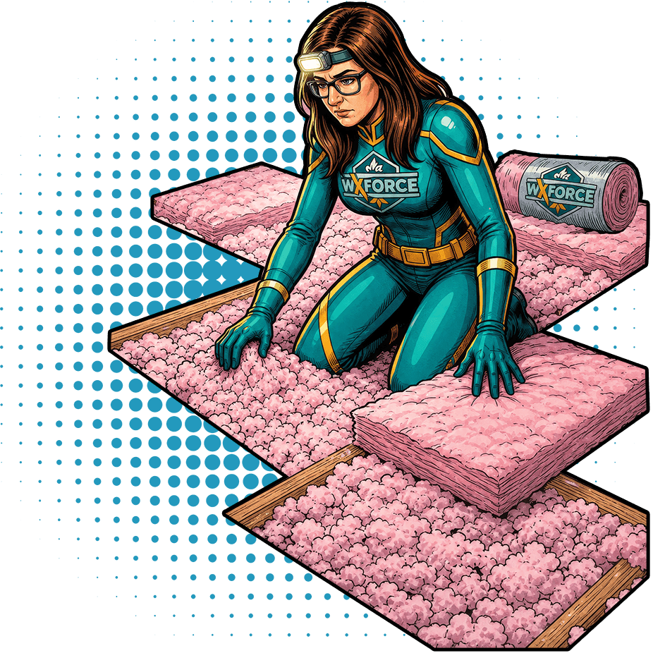 female hero wearing a headlamp and inspecting insulation