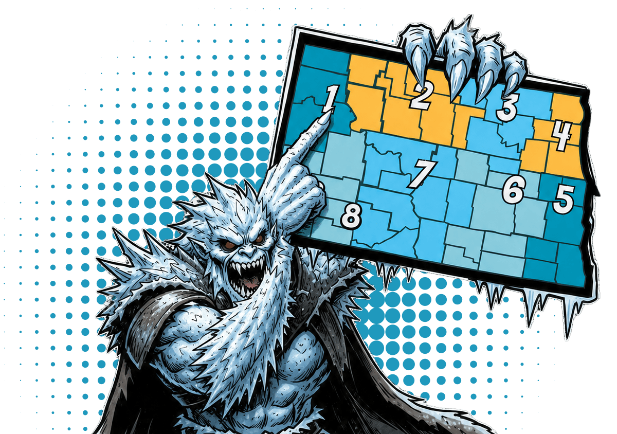 monster pointing at region 1 on a map of North Dakota