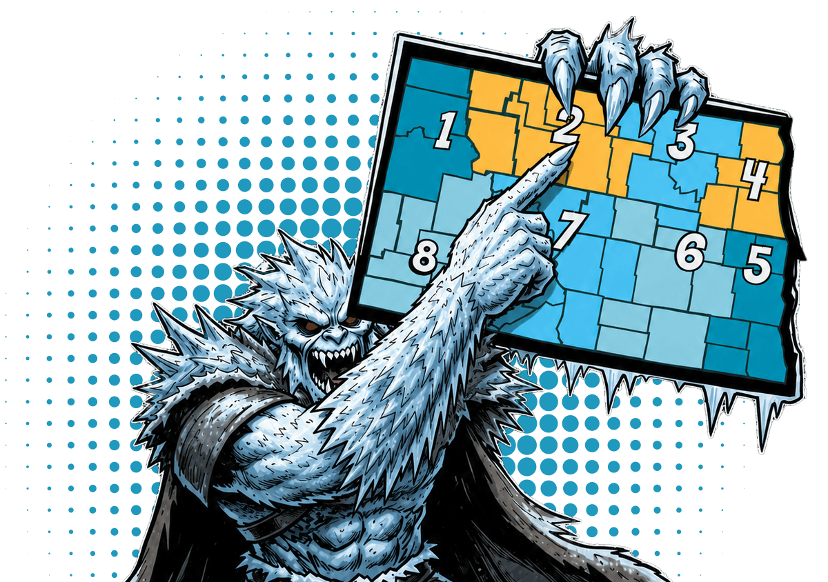 monster pointing at region 2 on a map of North Dakota