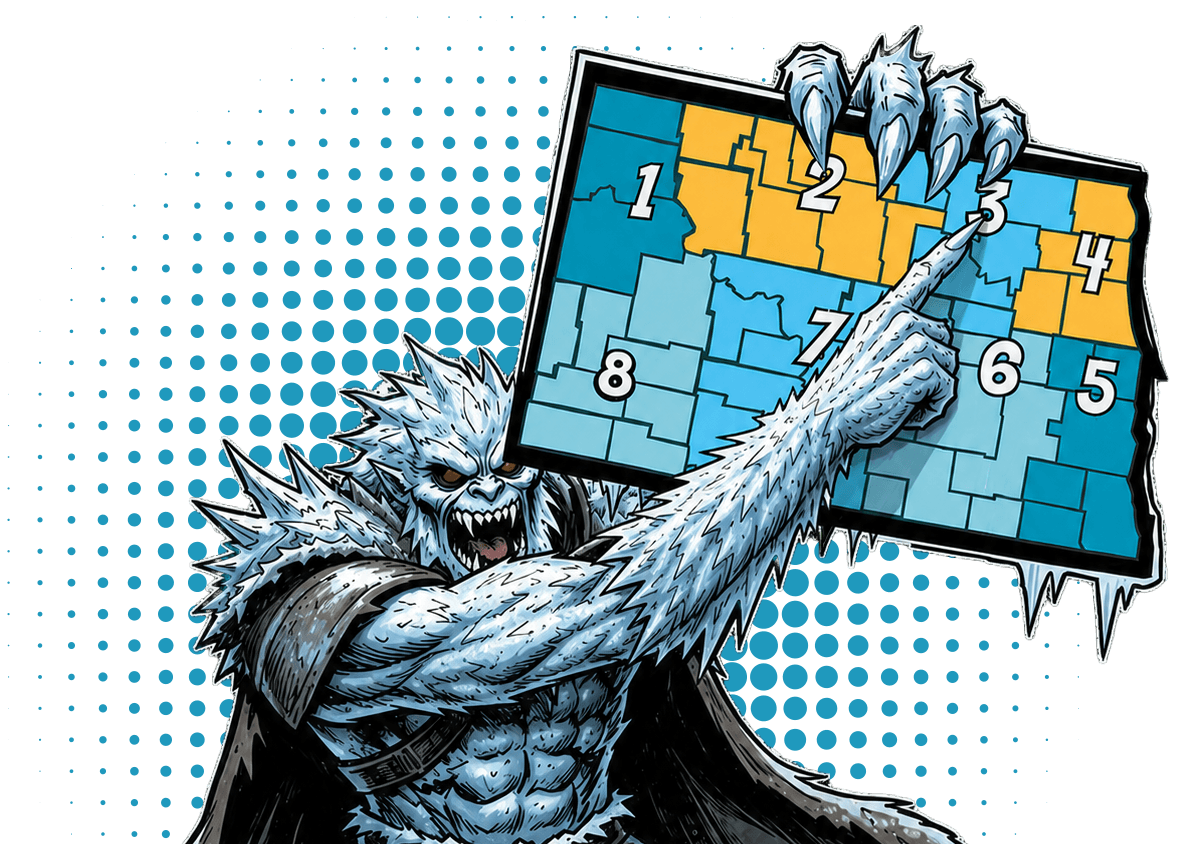 monster pointing at region 3 on a map of North Dakota