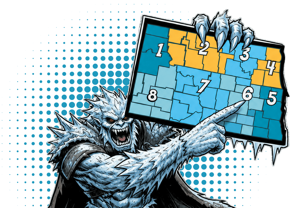 monster pointing at region 6 on a map of North Dakota