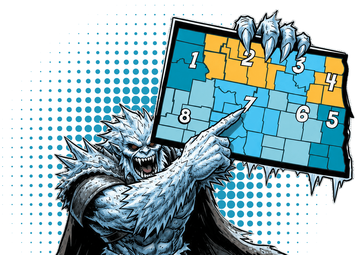 monster pointing at region 7 on a map of North Dakota