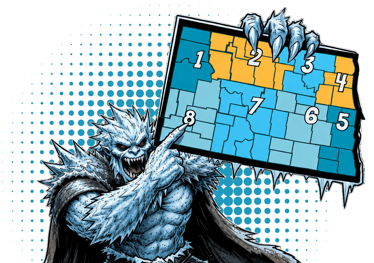 monster pointing at region 8 on a map of North Dakota