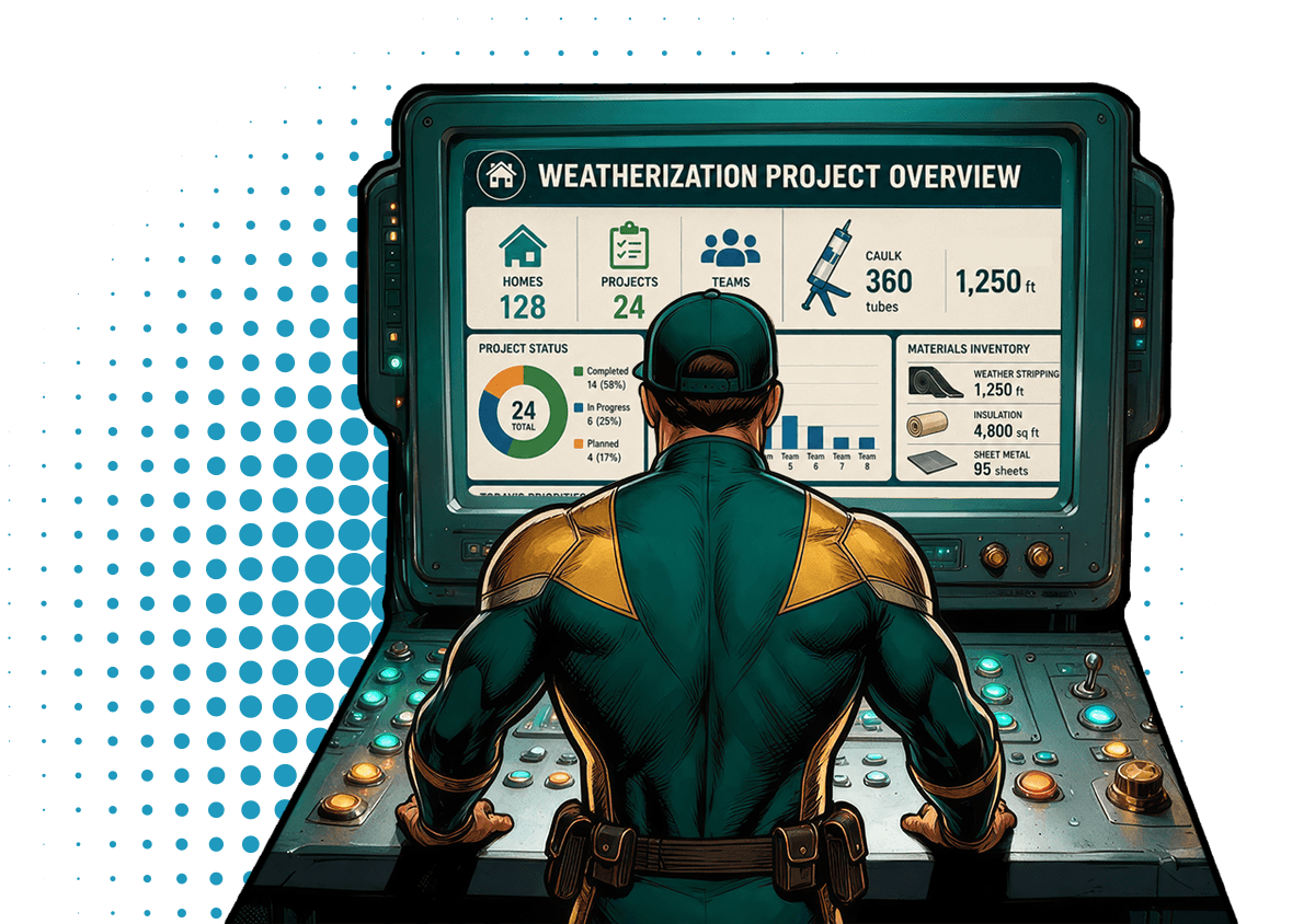 male hero at a control panel for a weatherization project