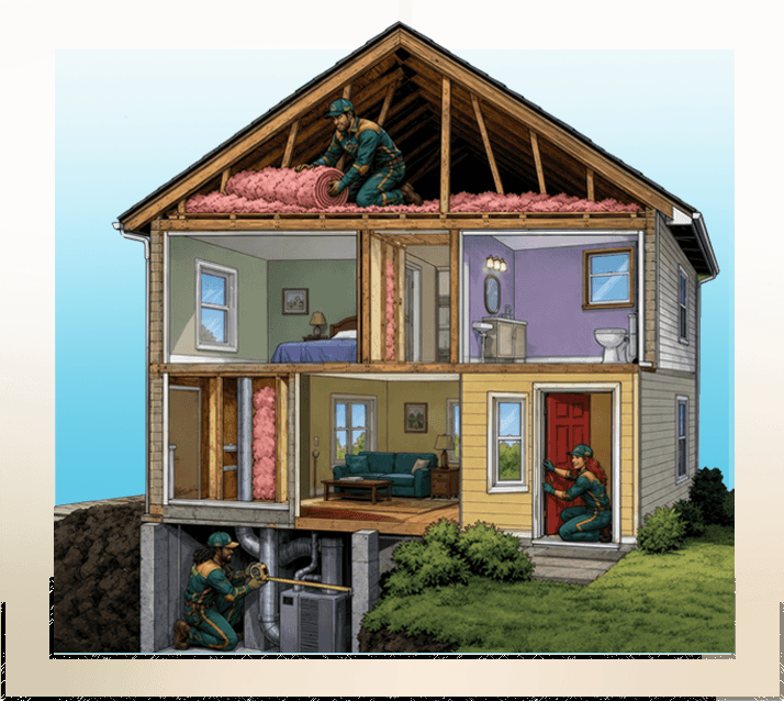 cross section of a house showing WxForce heroes weatherizating areas in the attic, basement, and entry door