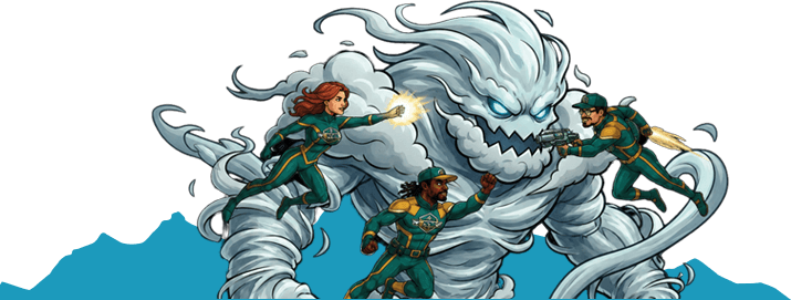 three heroes fighting a monster in front of the mountains