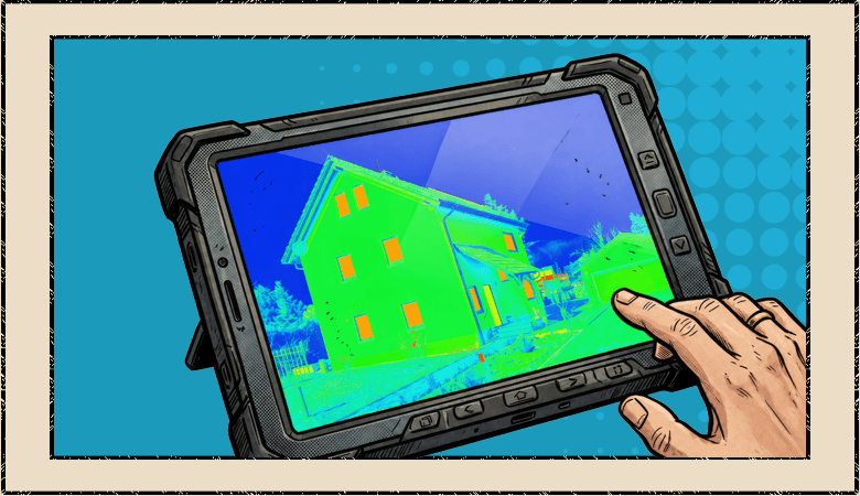 a tablet with an infrared image of a home on it