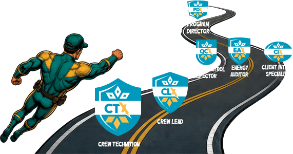 male hero flying along a road with the shields for roles lined up in order of advancement