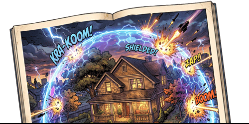 comic book image of home protected from attacks by a shield