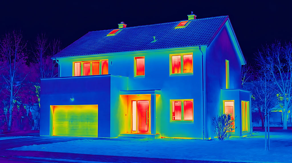 Thermal survey of a suburban home at night showcasing significant heat escaping from windows doors and roof in bright red and yellow colors indicating poor insulation and energy waste