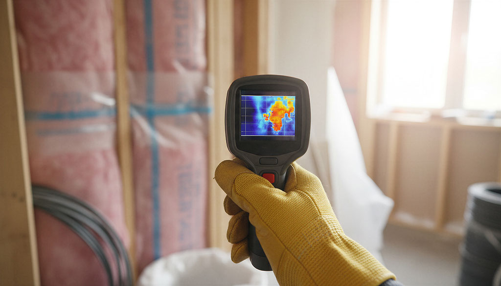 Hand holding a thermal camera inspecting insulation in a wall during home renovation