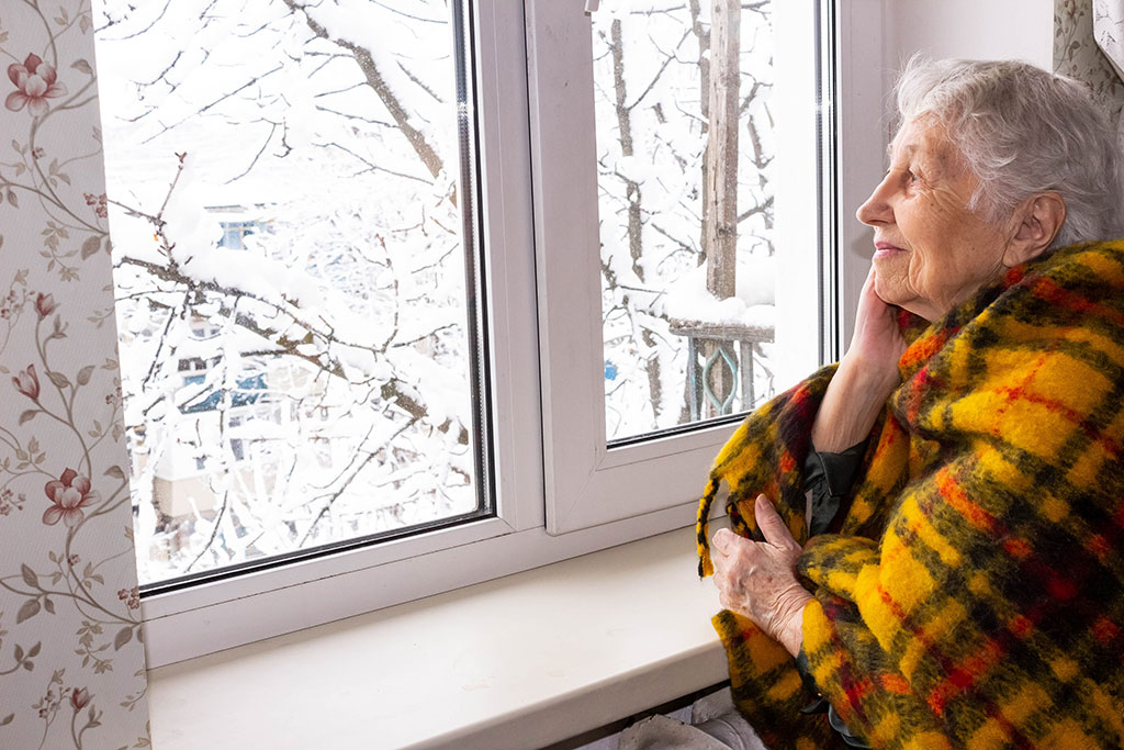 an older lady sitting looking out a window at a winter landscape