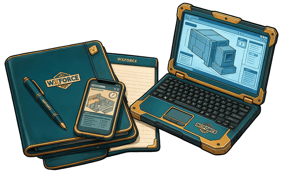 notepad, portfolio, mobile phone, pen, and laptop