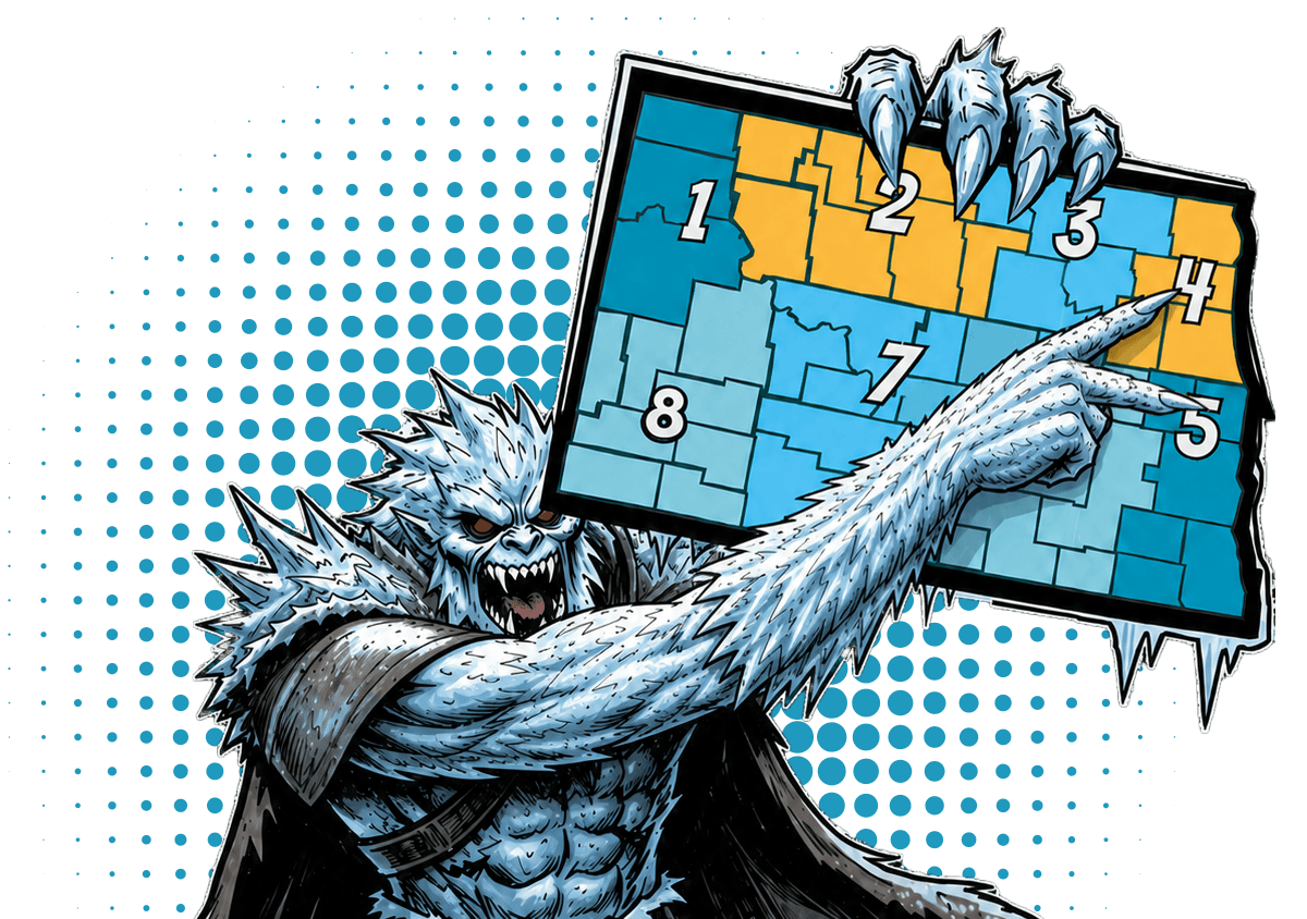 hero--regions4-5--grand-forks-fargo monster pointing at regions 4 and 5 on a map of North Dakota